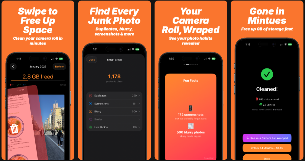SwipeClean app screenshots showing the swipe interface, Smart Clean duplicate finder, Camera Roll Wrapped stats, and cleanup results