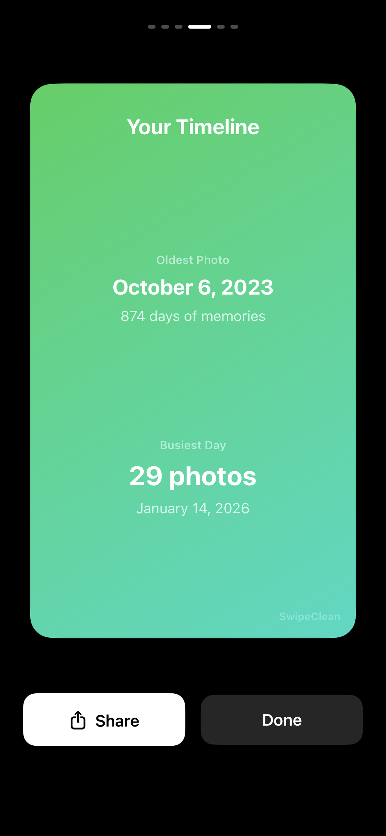 SwipeClean Camera Roll Wrapped showing your timeline stats